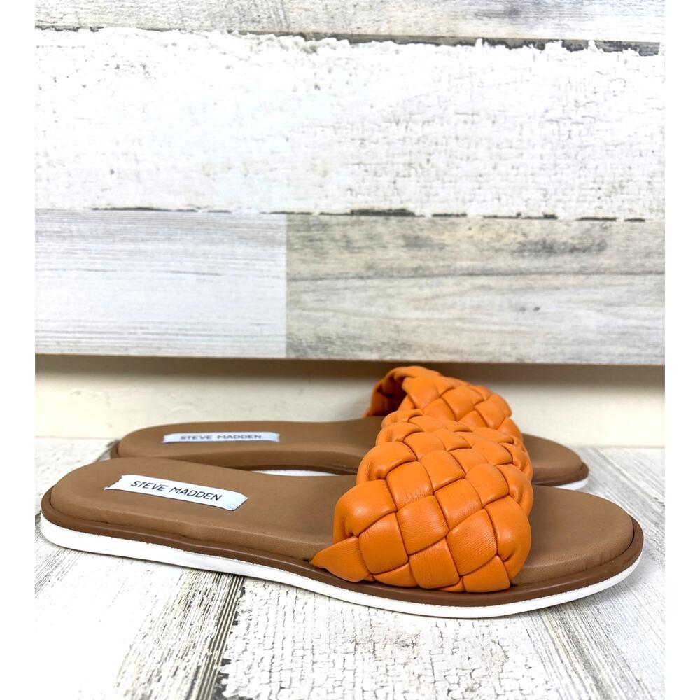 Steve Madden Women 9 Orange Paislee Braided Faux Leather Flat Slip On Sandal NEW - Picture 4 of 8